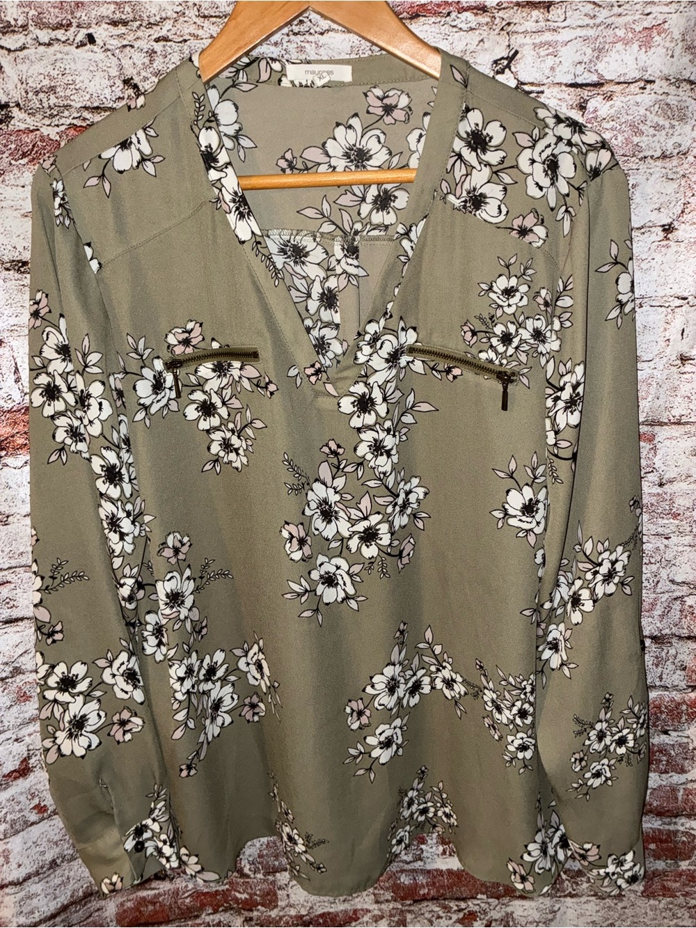 Maurices Olive Green Floral V-Neck Top with Zip Pockets